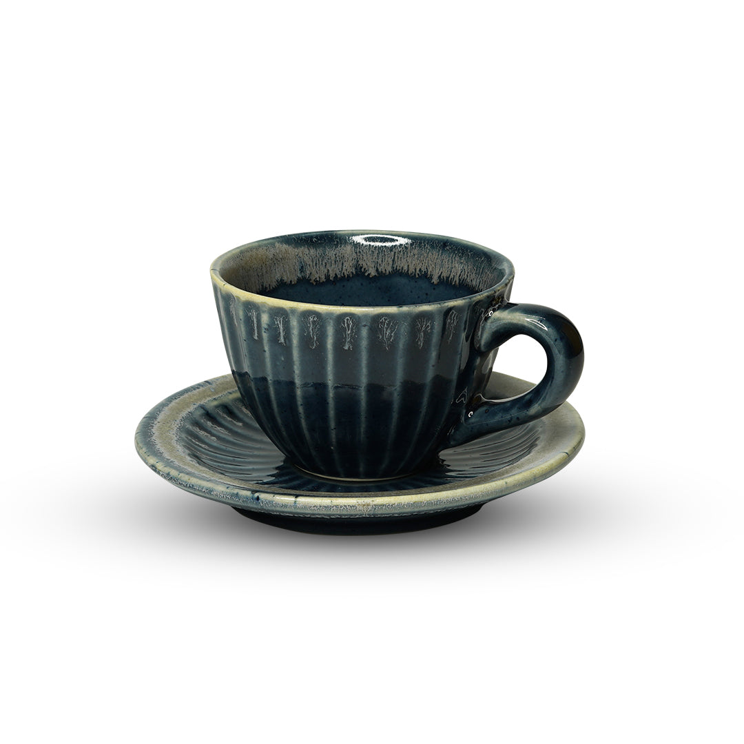 Yellow Marigold Cup & Saucer – Drip Blue (Set of 2), handcrafted ceramic tea/coffee set in rich Prussian-blue drip glaze.
