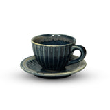 Yellow Marigold Cup & Saucer – Drip Blue (Set of 2), handcrafted ceramic tea/coffee set in rich Prussian-blue drip glaze.