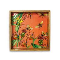 Square Tray – Bees in Paradise (Carrot) | Handcrafted Mango Wood Serve Tray