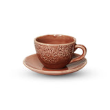 Yellow Marigold Cup & Saucer – Wild Rose Cherry Red (Set of 2), premium handmade ceramic cups and saucers with etched wild-rose detailing.