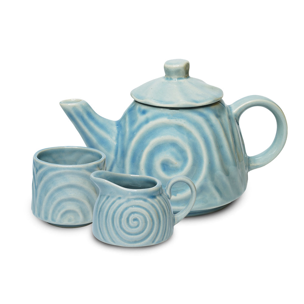 Yellow Marigold Tea Set – Shibui Sky Blue (3 Piece Set), handcrafted ceramic kettle, sugar pot & creamer in soft sky-blue glaze