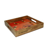Close-up of Yellow Marigold Bees in Paradise Carrot tray showing artisan-crafted mango wood, enamel on wood finish and hand-painted botanical bees design
