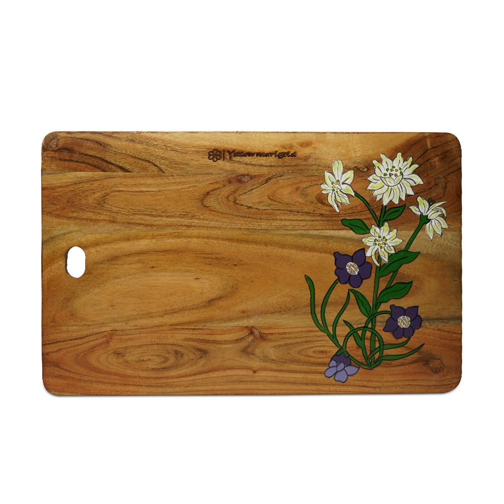 Yellow Marigold Cheese Board – Edilwess, handcrafted acacia wood serving board with designer finish for cheeses, breads and desserts.