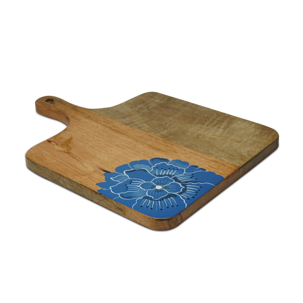 Yellow Marigold Cheese Board with Handle – Alpenrose Blue, solid mango wood hand-painted finish for stylish entertaining.