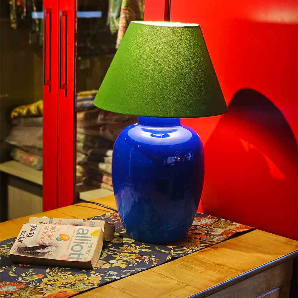 Yellow Marigold Aura metal table lamp — close‑up showing metal finish, lamp shade detail, and craftsmanship