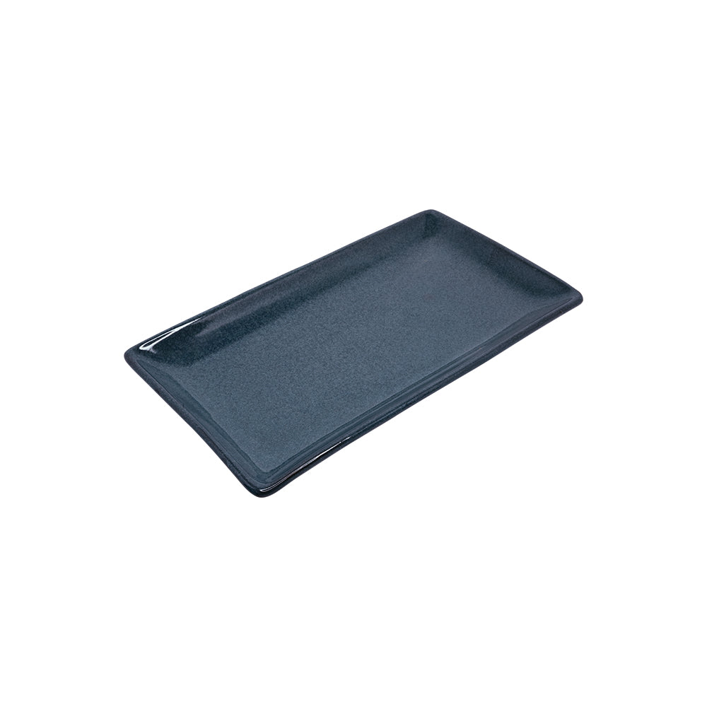 Yellow Marigold Warp Rectangular Platter Large in Night Blue – sleek premium porcelain serve­ware, 30.5 × 18 cm, ideal for appetizers or desserts.