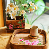 Yellow Marigold pink azalea hand-painted caddy used to organize cutlery, straws, and condiments – elegant serveware for home and cafés.