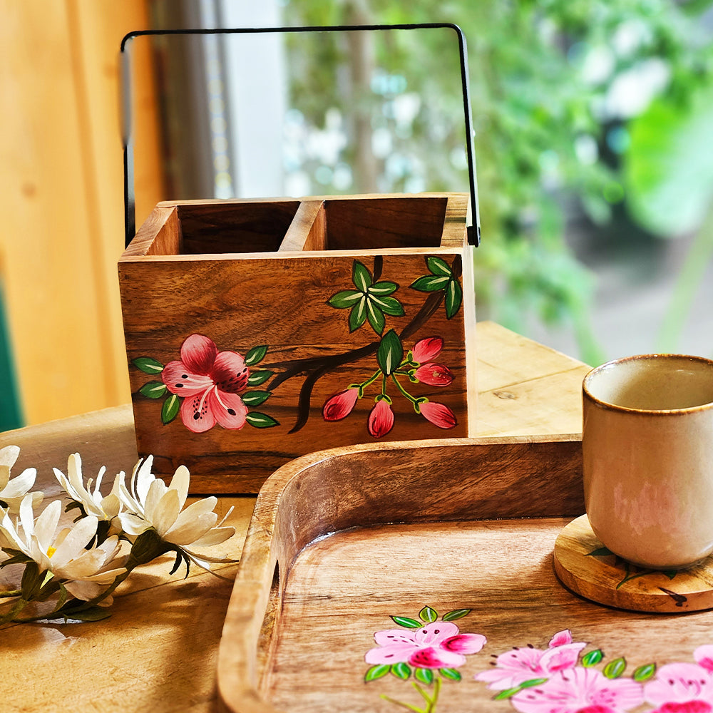 Smooth mango wood caddy hand-painted with pink azalea florals by Yellow Marigold – durable, eco-friendly and stylish.