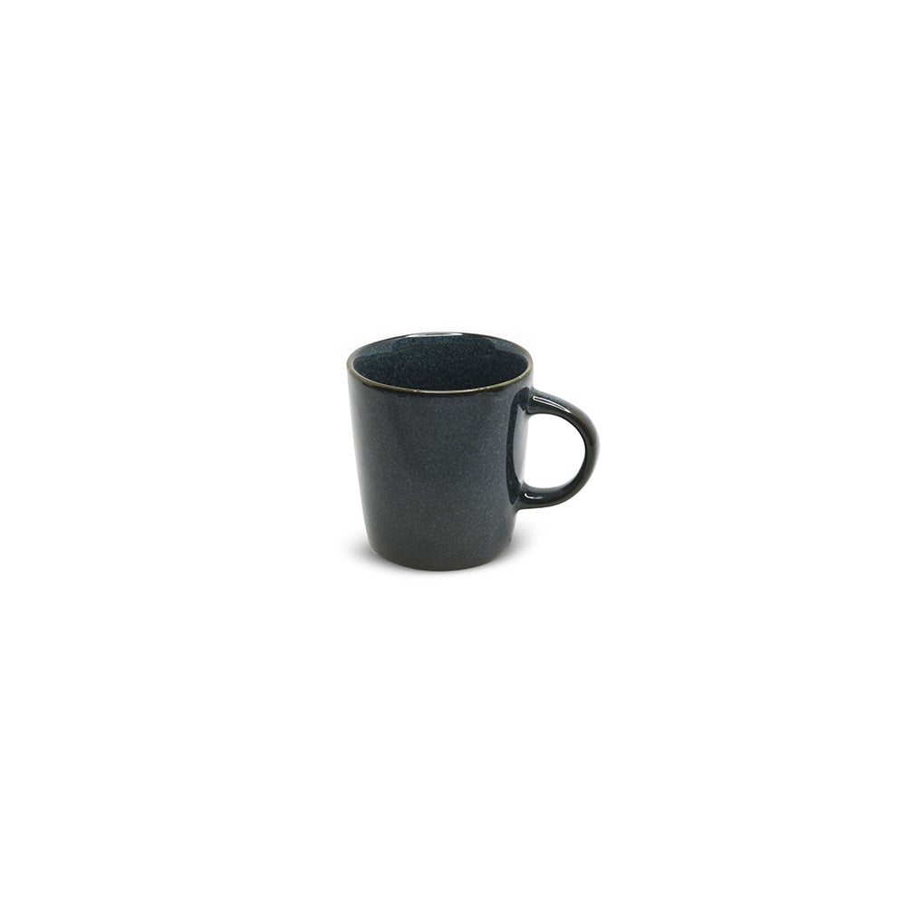 A small, blue porcelain espresso cup with a handle, against a white background.