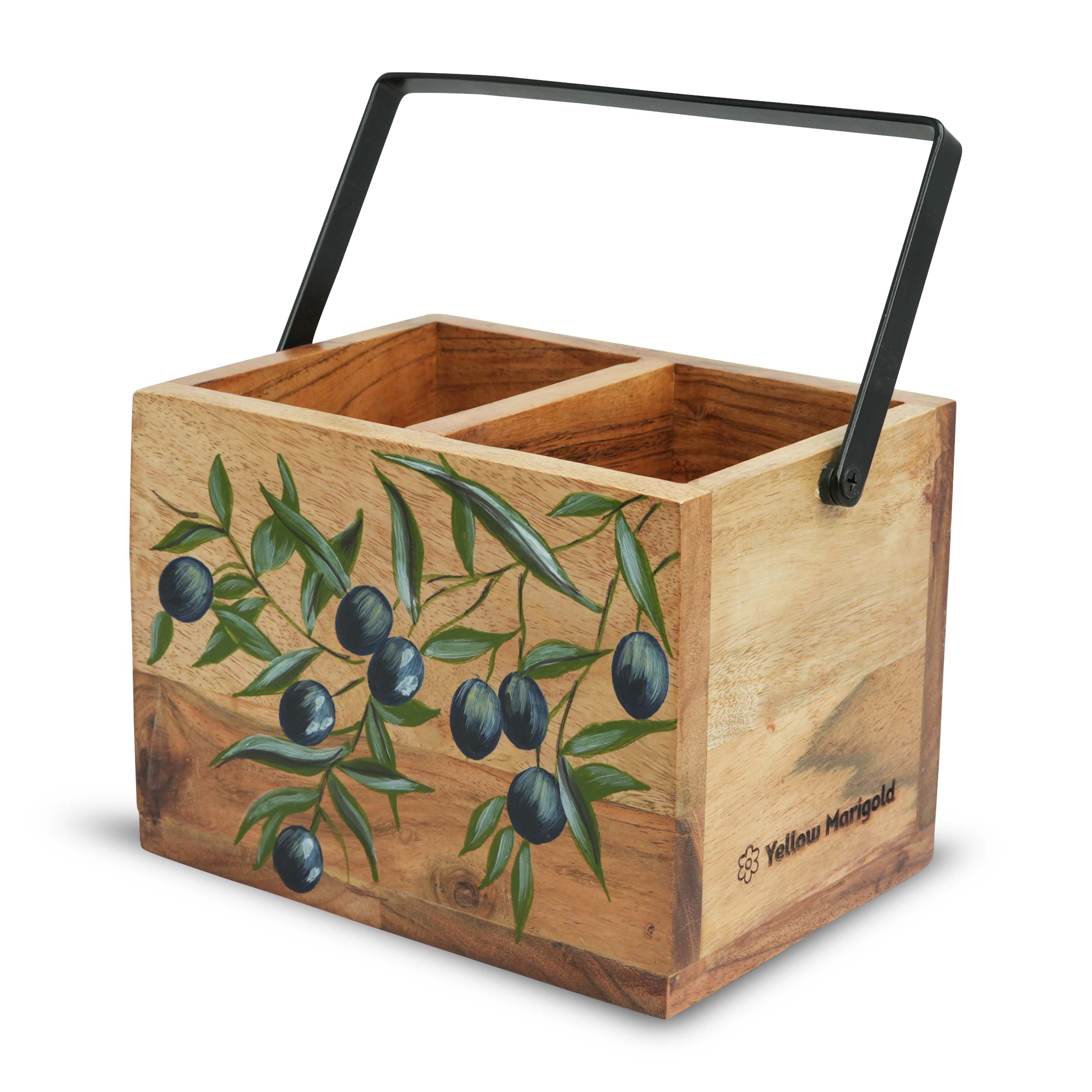 Yellow Marigold Handpainted Caddy Black Olives – elegant wooden tabletop organizer with handpainted olive branch design for stylish home décor.