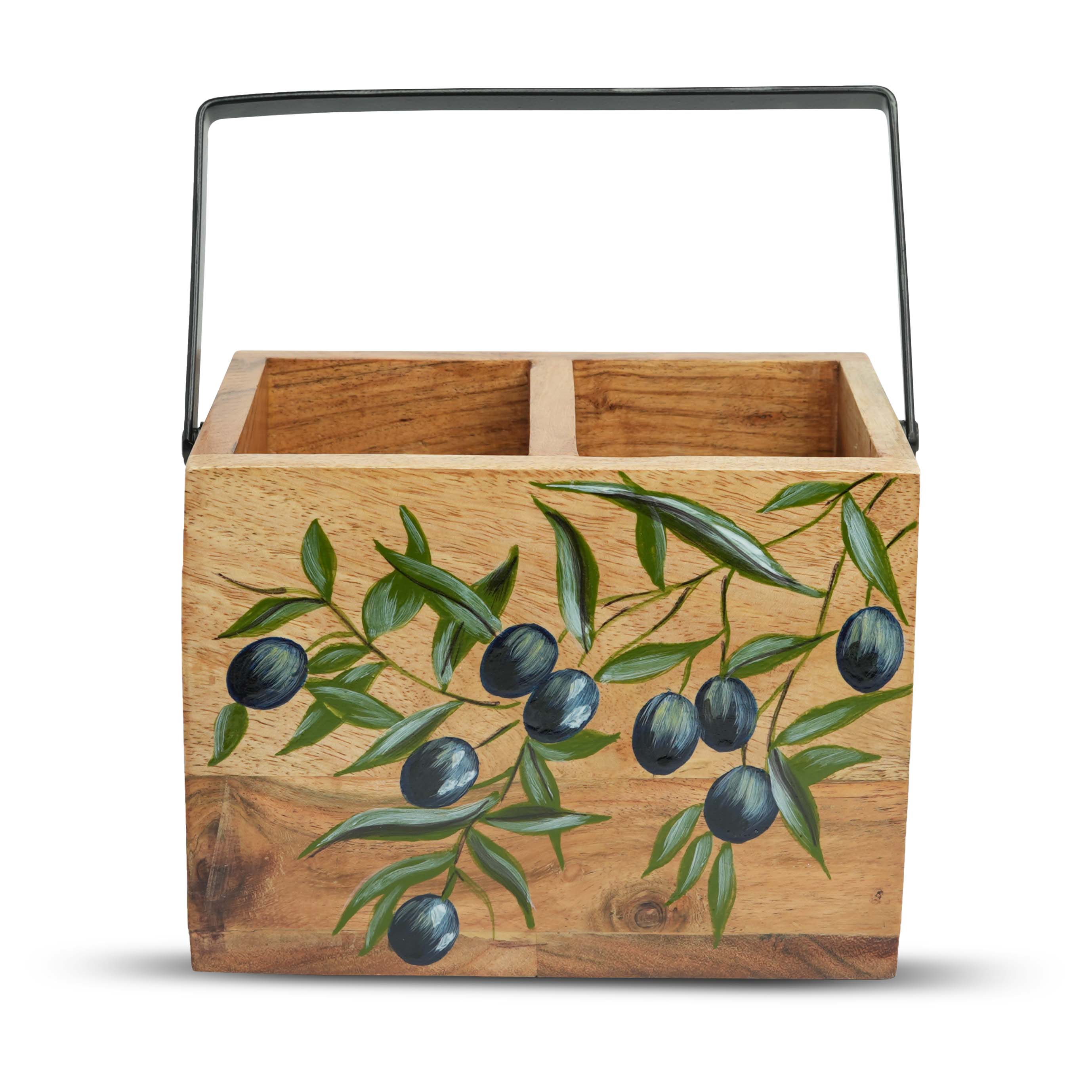 Yellow Marigold Handpainted Caddy Black Olives styled on a dining or study table – handcrafted wooden organizer adding charm to everyday spaces.