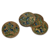 A set of handpainted round coasters made of mango wood, featuring a hand-painted black olives design.