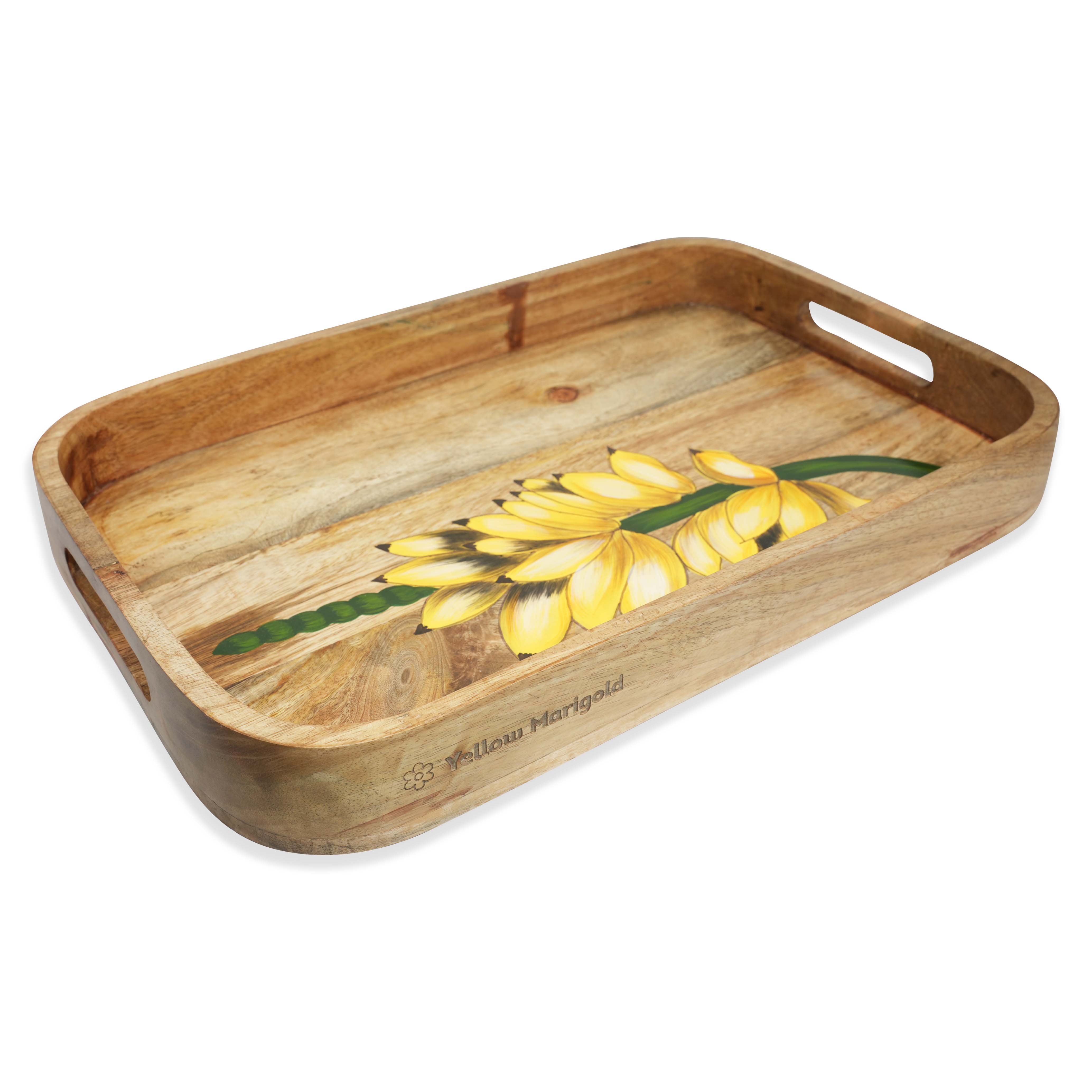 Yellow Marigold eco-friendly Handpainted Rectangular Tray Banana Bunch – sustainable mango wood serveware handpainted with non-toxic colors.
