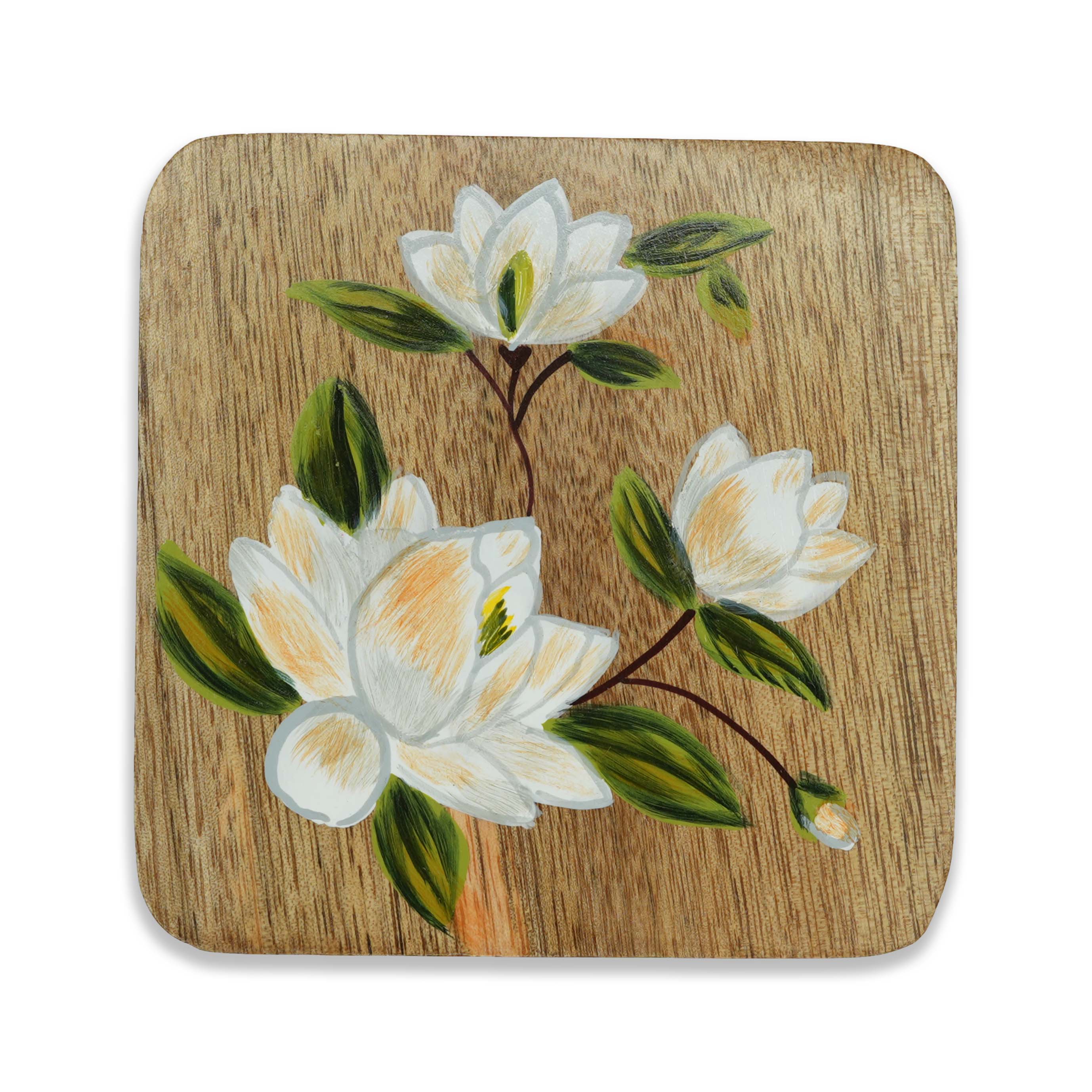 Yellow Marigold Handpainted Square Coasters Sweet Magnolias styled on a coffee or dining table – handcrafted serveware adding charm to modern homes.