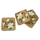 Yellow Marigold Handpainted Square Coasters Sweet Magnolias – beautifully handcrafted wooden coaster set, perfect eco-friendly gift for home décor lovers.