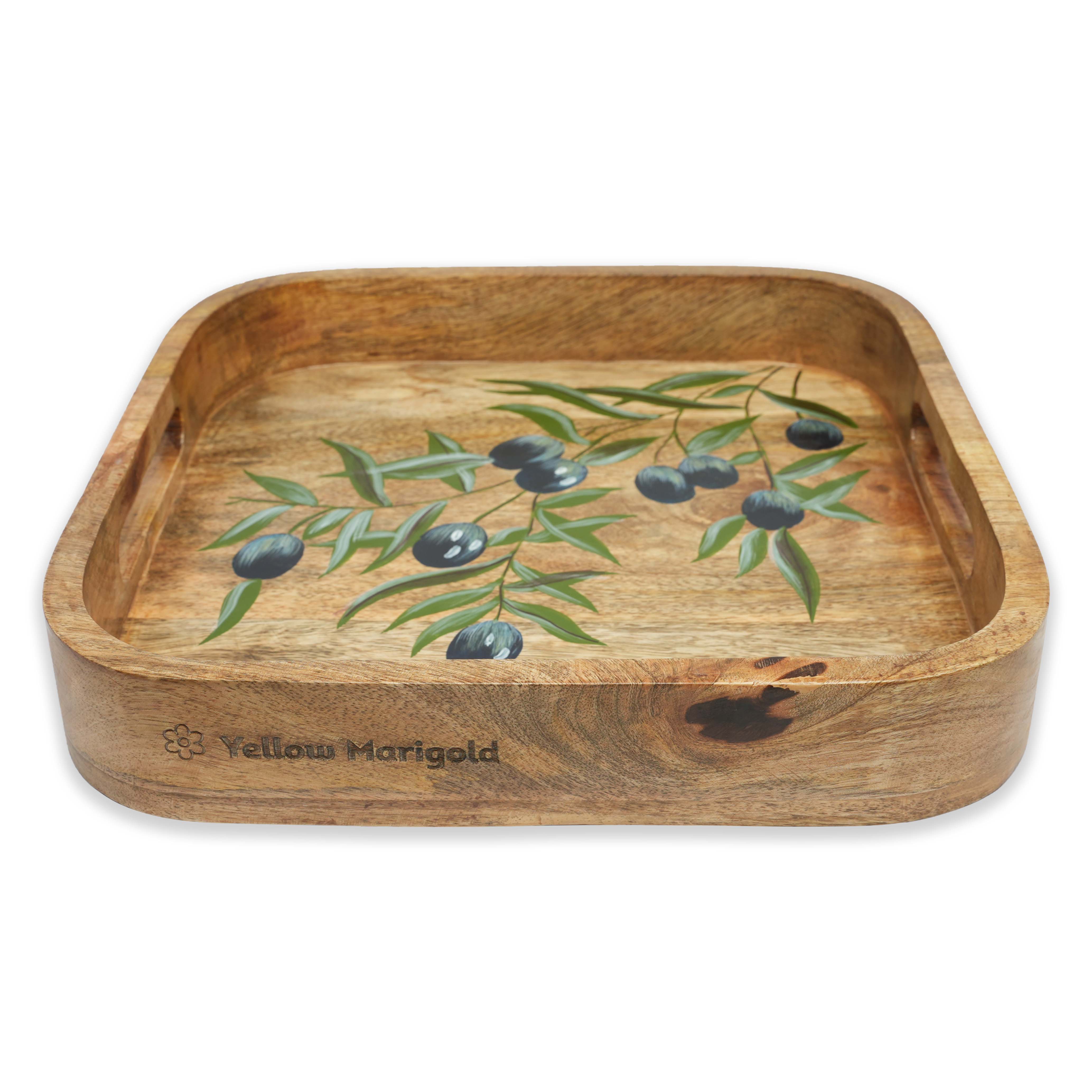 Yellow Marigold Hand-painted Square Tray Black Olives – sustainably sourced mango wood tray with hand-painted design for conscious homes.