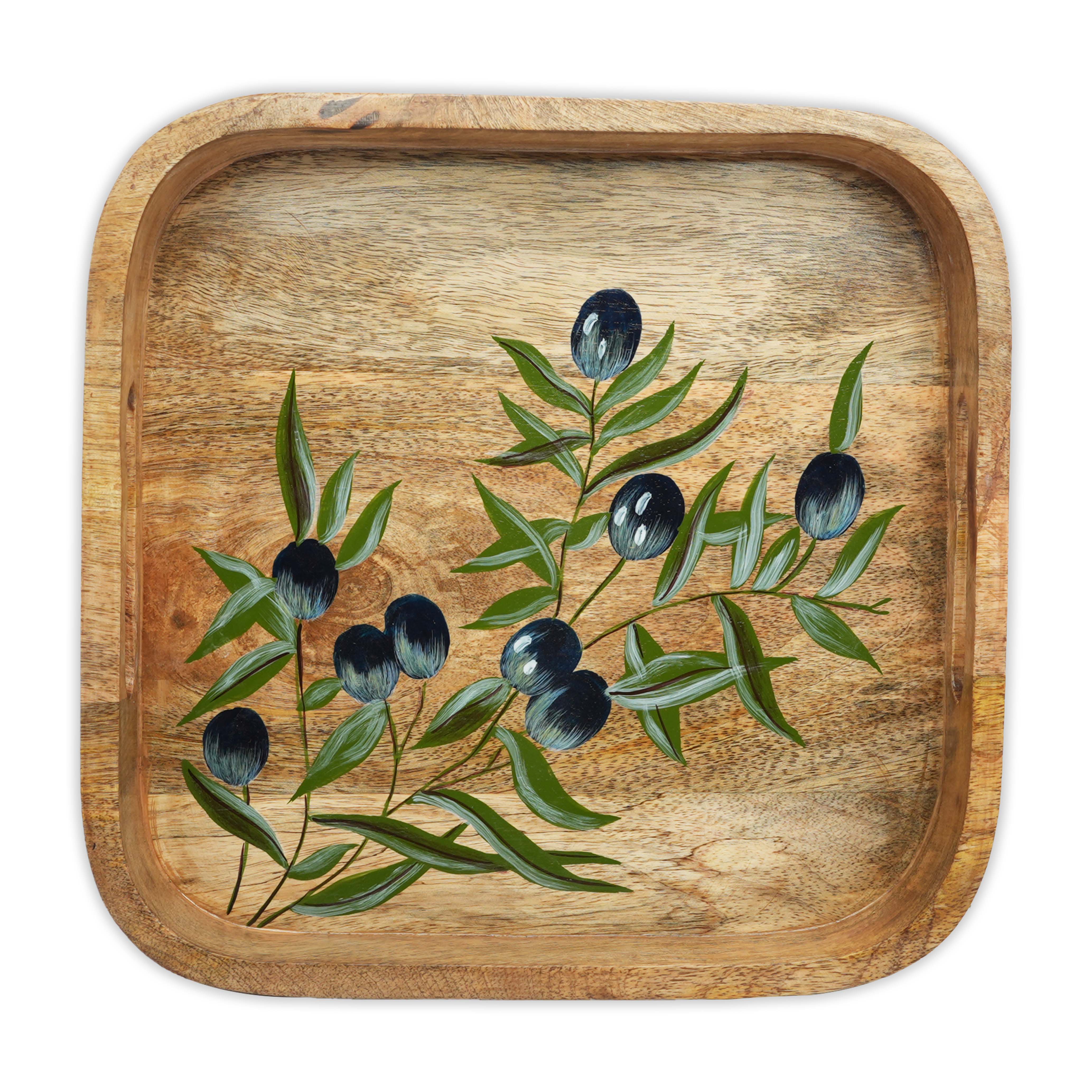 Yellow Marigold Hand-painted Square Tray Black Olives styled on a dining table – elegant serving tray for breakfasts, snacks or décor
