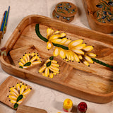 Yellow Marigold Handpainted Rectangular Tray Banana Bunch styled on a breakfast or coffee table – artistic handcrafted tray for colorful home décor.