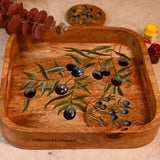 Yellow Marigold Hand-painted Square Tray Black Olives – artisan-crafted mango wood tray featuring hand-painted black olive motif.