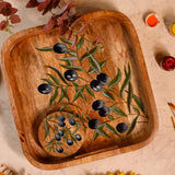 Yellow Marigold Hand-painted Square Tray Black Olives – premium mango-wood serving tray with black olive branch design.