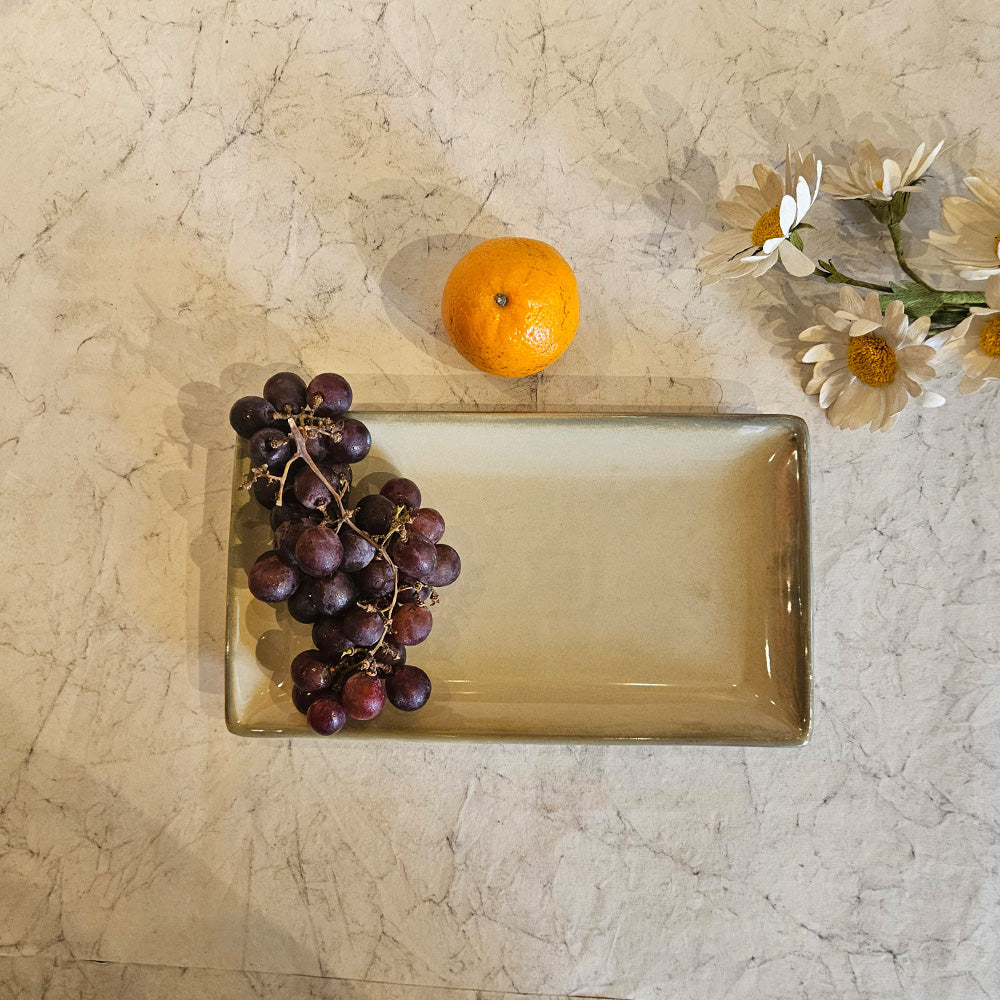 Front view of Yellow Marigold Rectangular Platter – Moon White Warp, sleek handcrafted ceramic platter with glossy ivory finish.