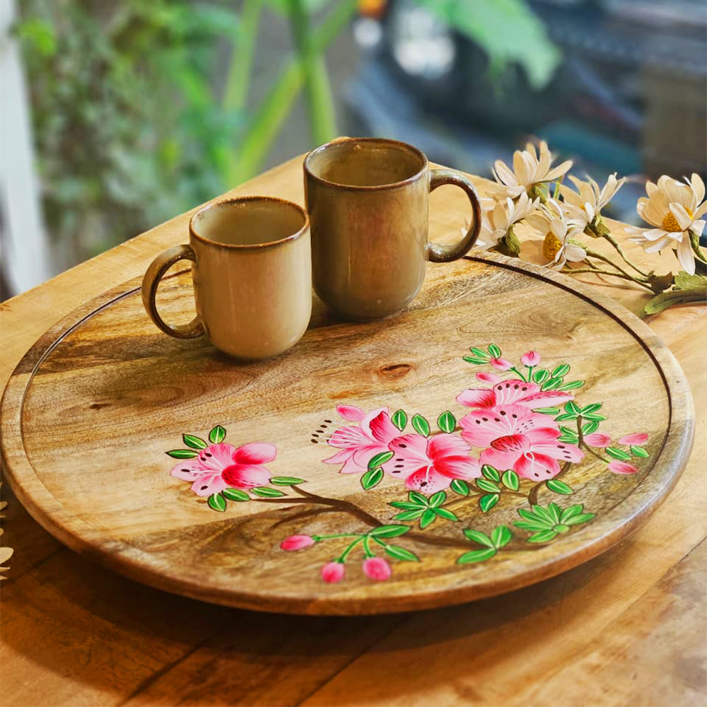 Yellow Marigold hand-painted wooden lazy susan with pink azalea floral design, 40.5 cm rotating serving tray – artisanal table decor and serveware.