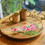 Yellow Marigold hand-painted wooden lazy susan with pink azalea floral design, 40.5 cm rotating serving tray – artisanal table decor and serveware.