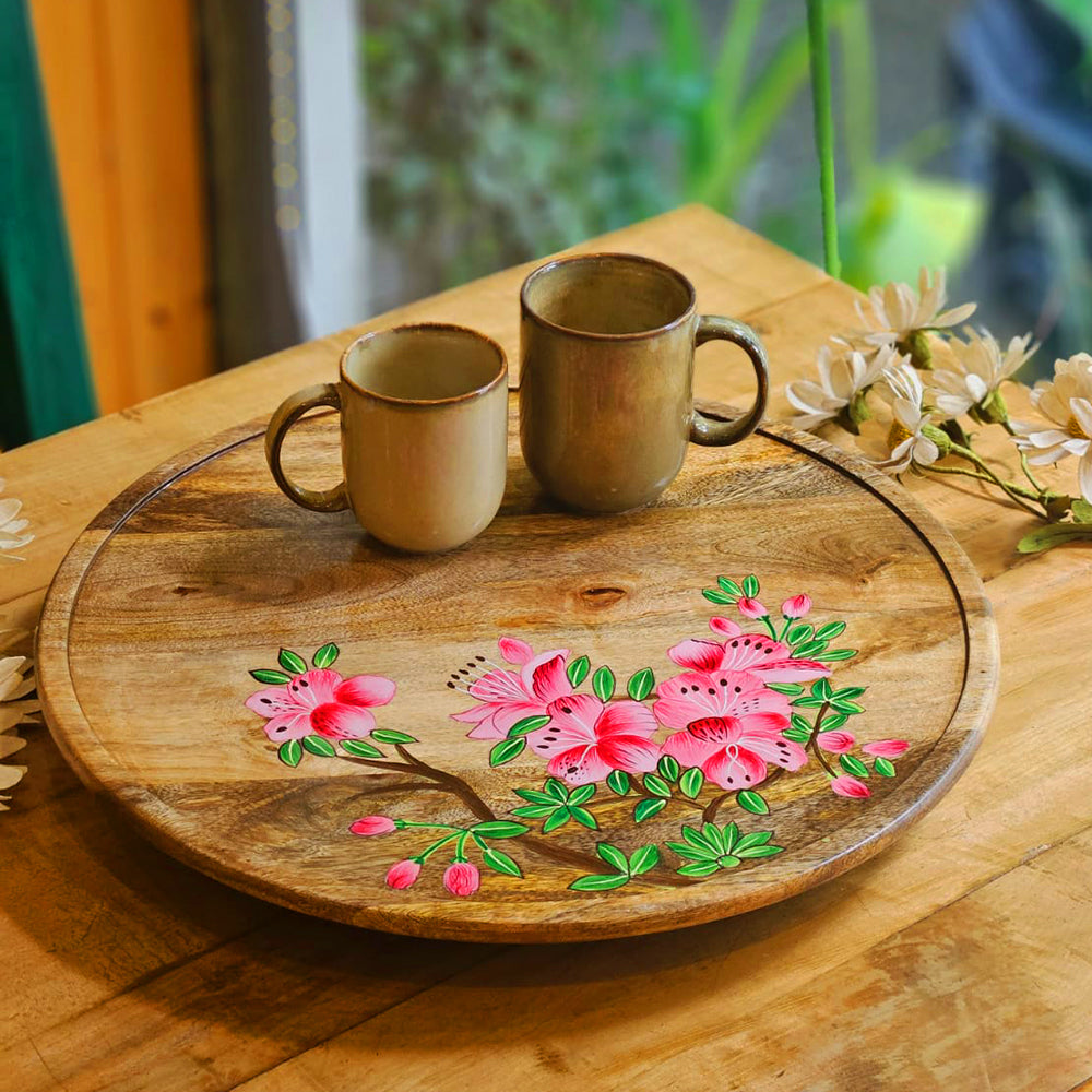 Handcrafted lazy susan by Yellow Marigold showcasing pink azalea blooms – adds charm to dinner tables, brunch settings, and festive decor.