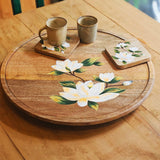 Yellow Marigold Handpainted Lazy Susan – Sweet Magnolias in progress, showing authentic handmade detailing by Indian artisans.