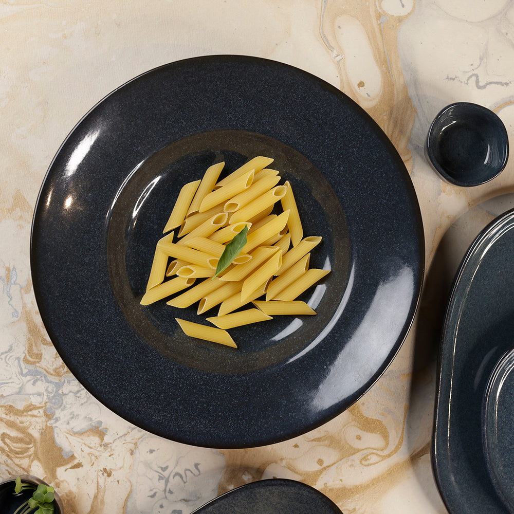 Yellow Marigold Warp Night Blue pasta plate set of 4 – 10.5″ premium porcelain with glossy finish, ideal for stylish everyday dining.