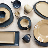 Yellow Marigold Warp Night Blue pasta plate 10.5 inch, set of four handcrafted porcelain serve-plates for modern table settings.