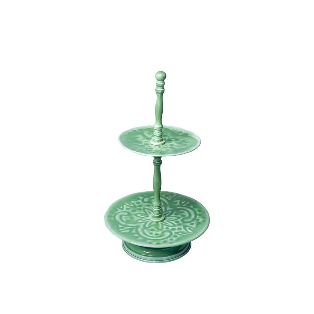Yellow Marigold Metal 2-Tier (Small), elegant handcrafted two-tier metal serving stand for desserts, snacks, or festive table displays. Perfect for high tea serving.