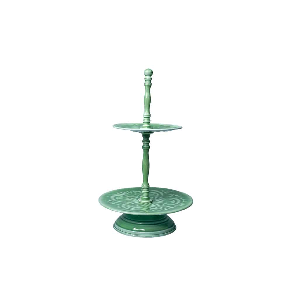 Matcha Green ceramic cake stand with decorative patterns. Made in India by Yellow Maigold.