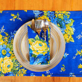 Yellow Marigold Avonlea Blue table napkin — close-up showing handcrafted fabric texture and stitching detail