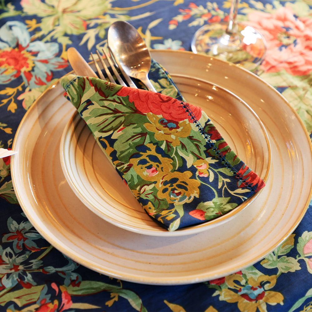 Yellow Marigold Eternal Rose Navy cotton napkins set of 6 — deep navy floral‑print cotton napkins neatly folded on a white background