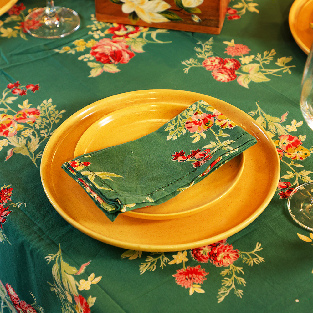Yellow Marigold Russian Chintz Green cotton napkin — close‑up showing handcrafted floral fabric texture and stitching detail
