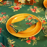 Yellow Marigold Russian Chintz Green cotton napkin — close‑up showing handcrafted floral fabric texture and stitching detail