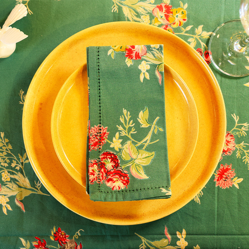 Yellow Marigold Russian Chintz Green cotton napkins set of 6 — green floral‑print napkins neatly folded