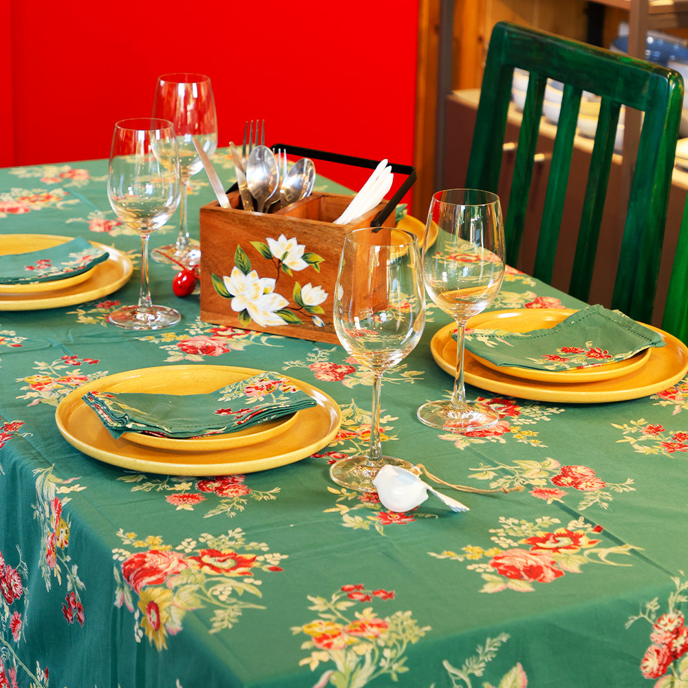Yellow Marigold Russian Chintz Green cotton napkins (set of 6) placed beside crockery on a wooden dining table — elegant kitchen dining ambience
