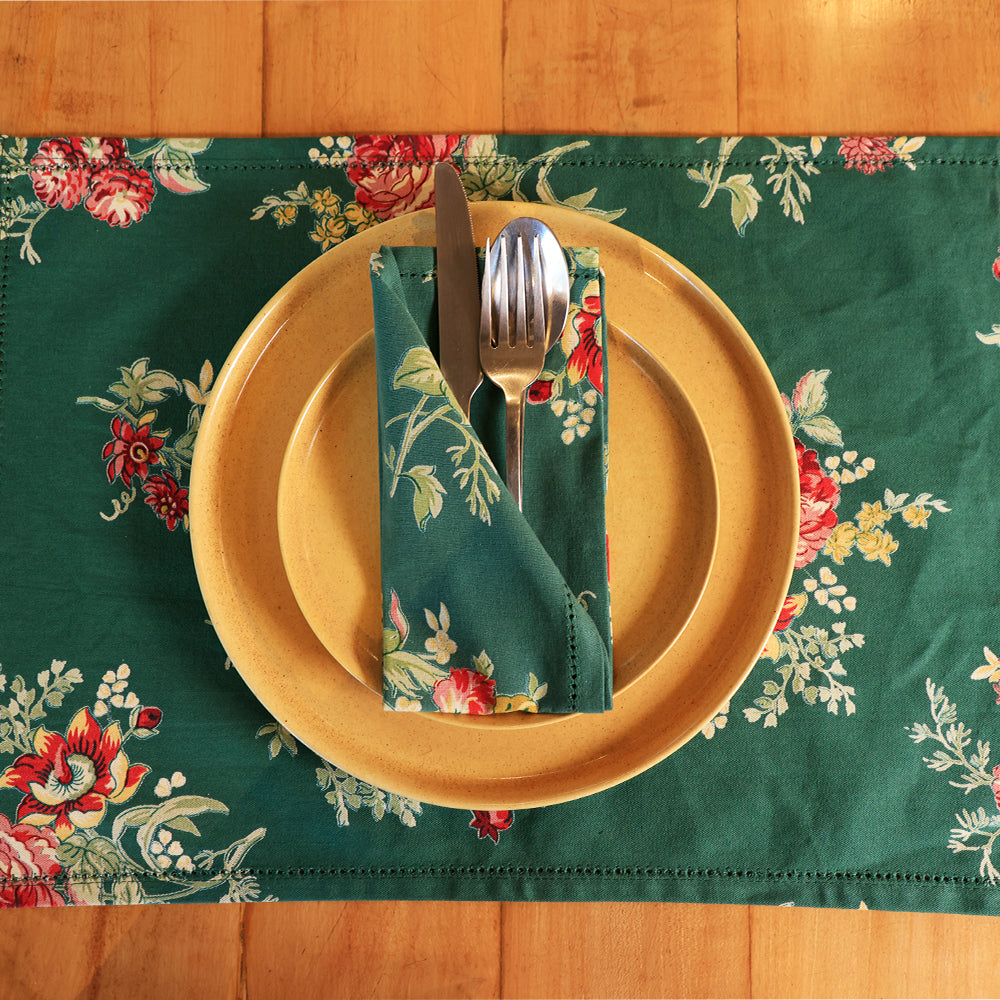 Yellow Marigold eco‑friendly Russian Chintz Green cotton napkins set — sustainable cotton napkins for conscious dining décor