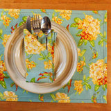 Yellow Marigold Valley of Flowers Mist table napkin — close-up of handcrafted floral textile pattern and stitching detail