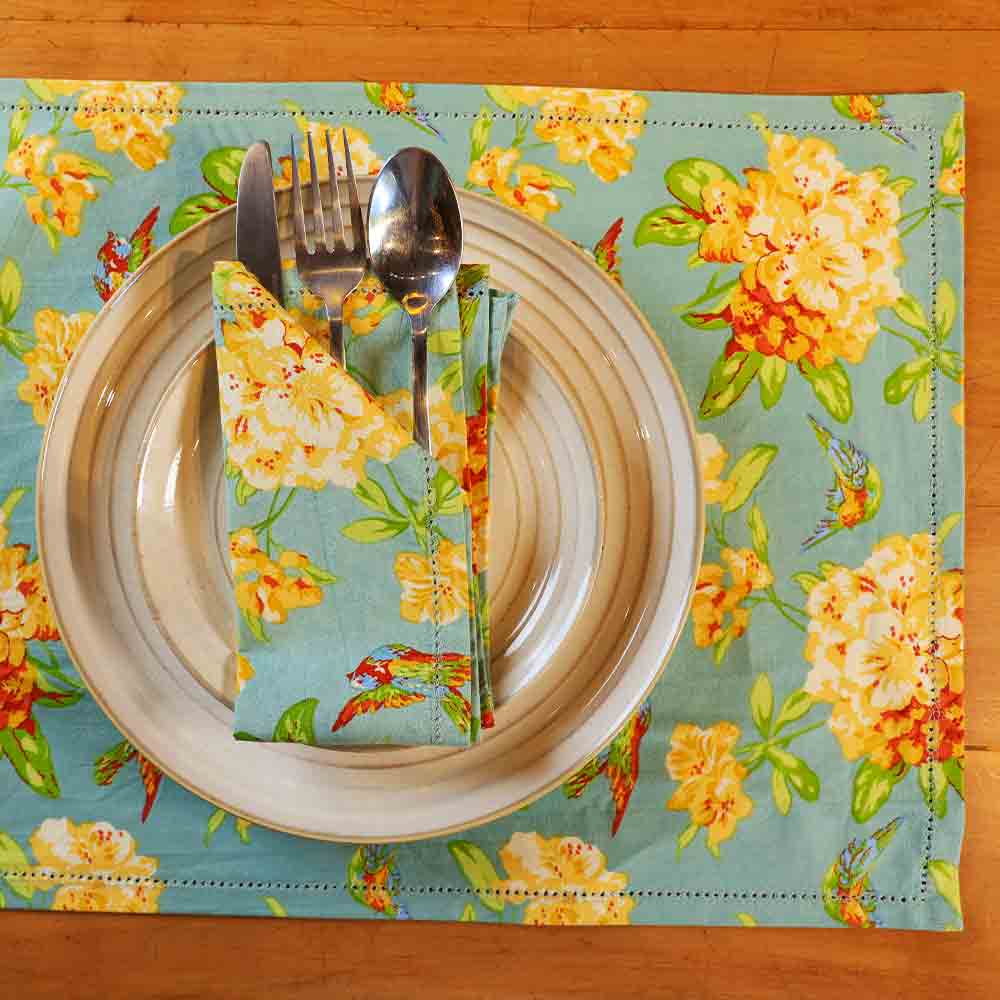Yellow Marigold Valley of Flowers Mist placemat — hand-crafted floral design and texture detail of premium table mat