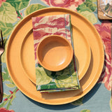 Yellow Marigold Desert Sky dinner plate set of six, 27 cm diameter, handcrafted porcelain with semi-matt sky-blue glaze for main-course service.