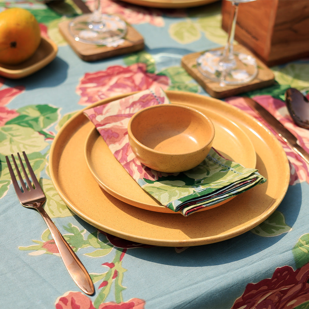 Yellow Marigold Table Napkins – Austin Rose Aqua (Set of 6), artisanal cotton napkin set adding elegance to dining tables.