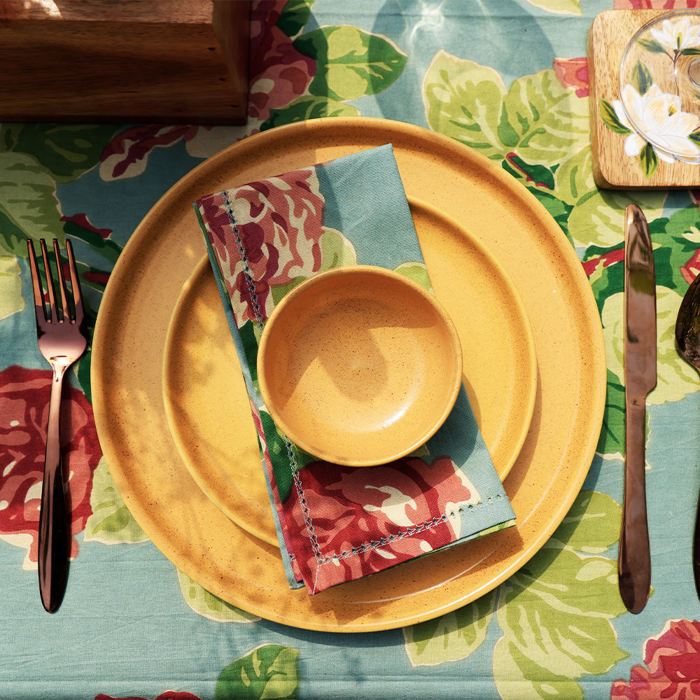 Yellow Marigold Table Napkins – Austin Rose Aqua (Set of 6), elegant handcrafted cotton napkins with aqua floral print for modern dining décor.