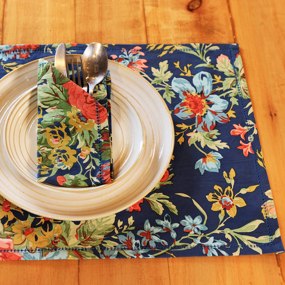 Yellow Marigold Eternal Rose Navy placemat — close‑up showing cotton texture and elegant navy rose print design
