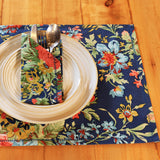 Yellow Marigold Eternal Rose Navy placemat — close‑up showing cotton texture and elegant navy rose print design
