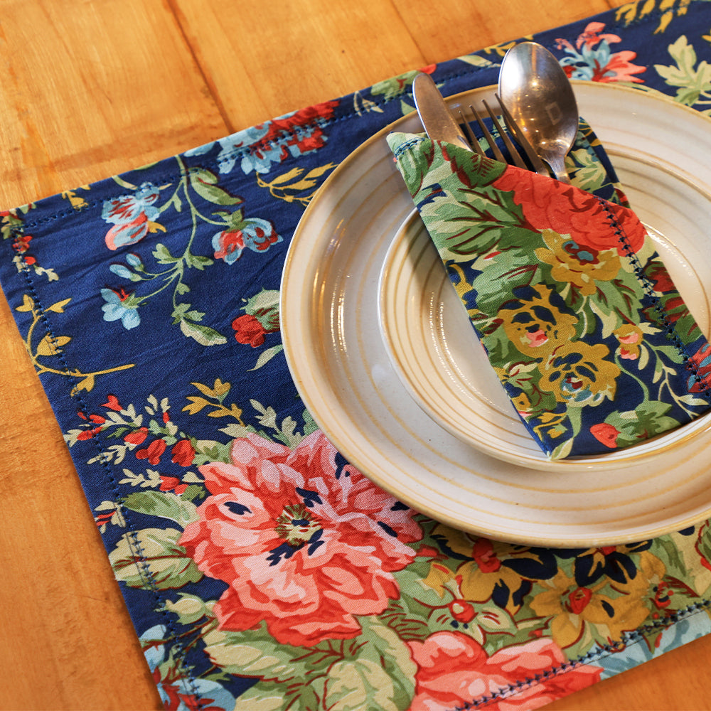 Yellow Marigold Eternal Rose Navy placemats (set of 6) on a wooden dining table under crockery — stylish home dining décor setup