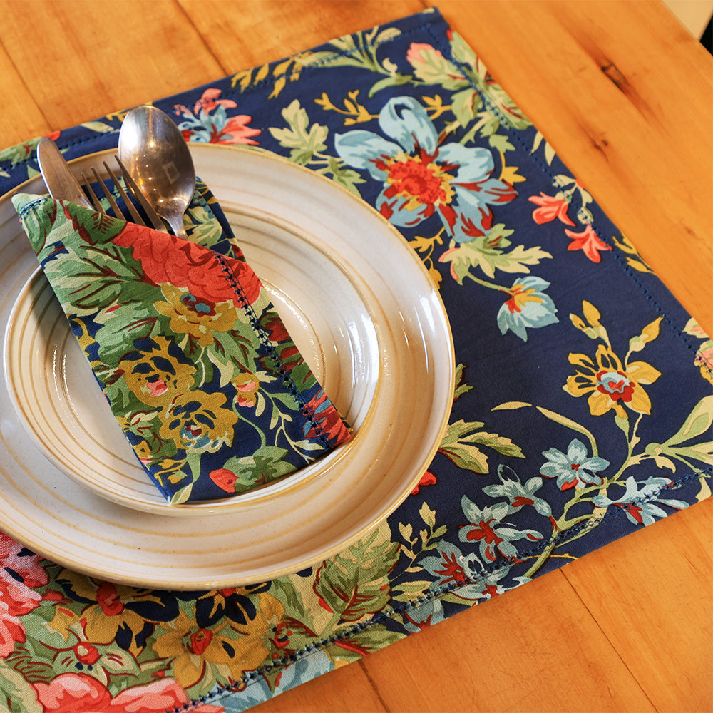 Yellow Marigold eco‑friendly Eternal Rose Navy placemats set — sustainable cotton placemats for conscious dining décor