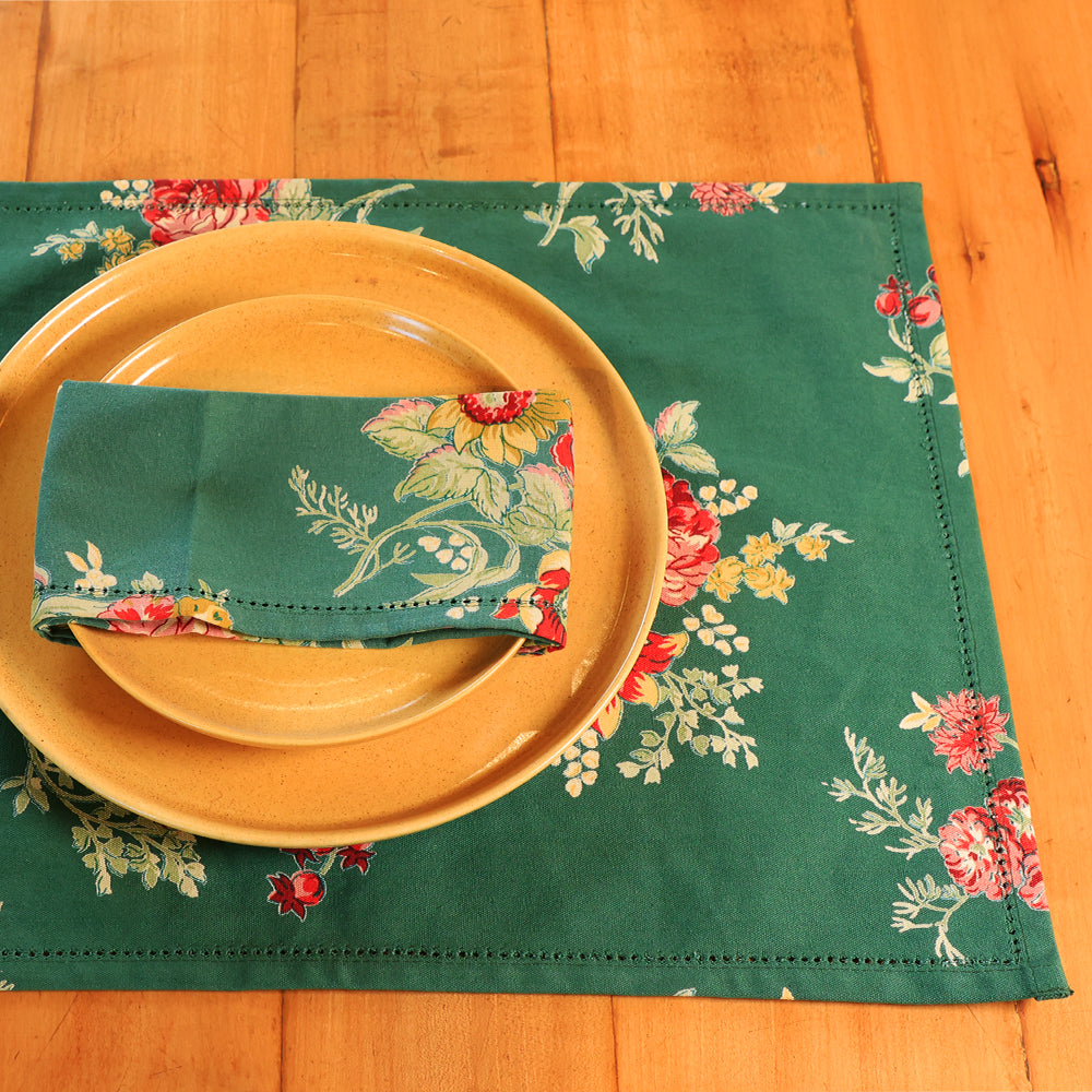 Yellow Marigold Russian Chintz Green placemat — close‑up showing handcrafted cotton fabric texture and green floral pattern detail
